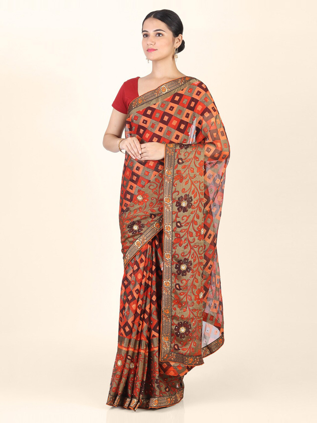 CLAI WORLD Red & Orange Poly Georgette Printed Saree