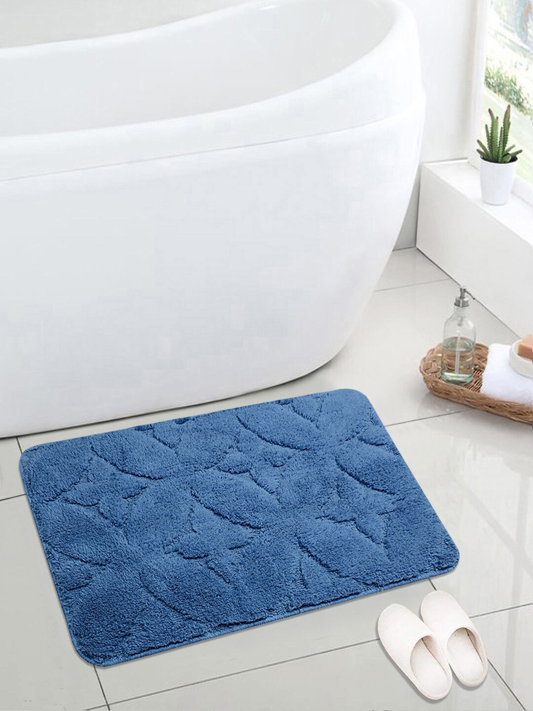 Saral Home Blue Self-Design Anti-Skid Bath Rug
