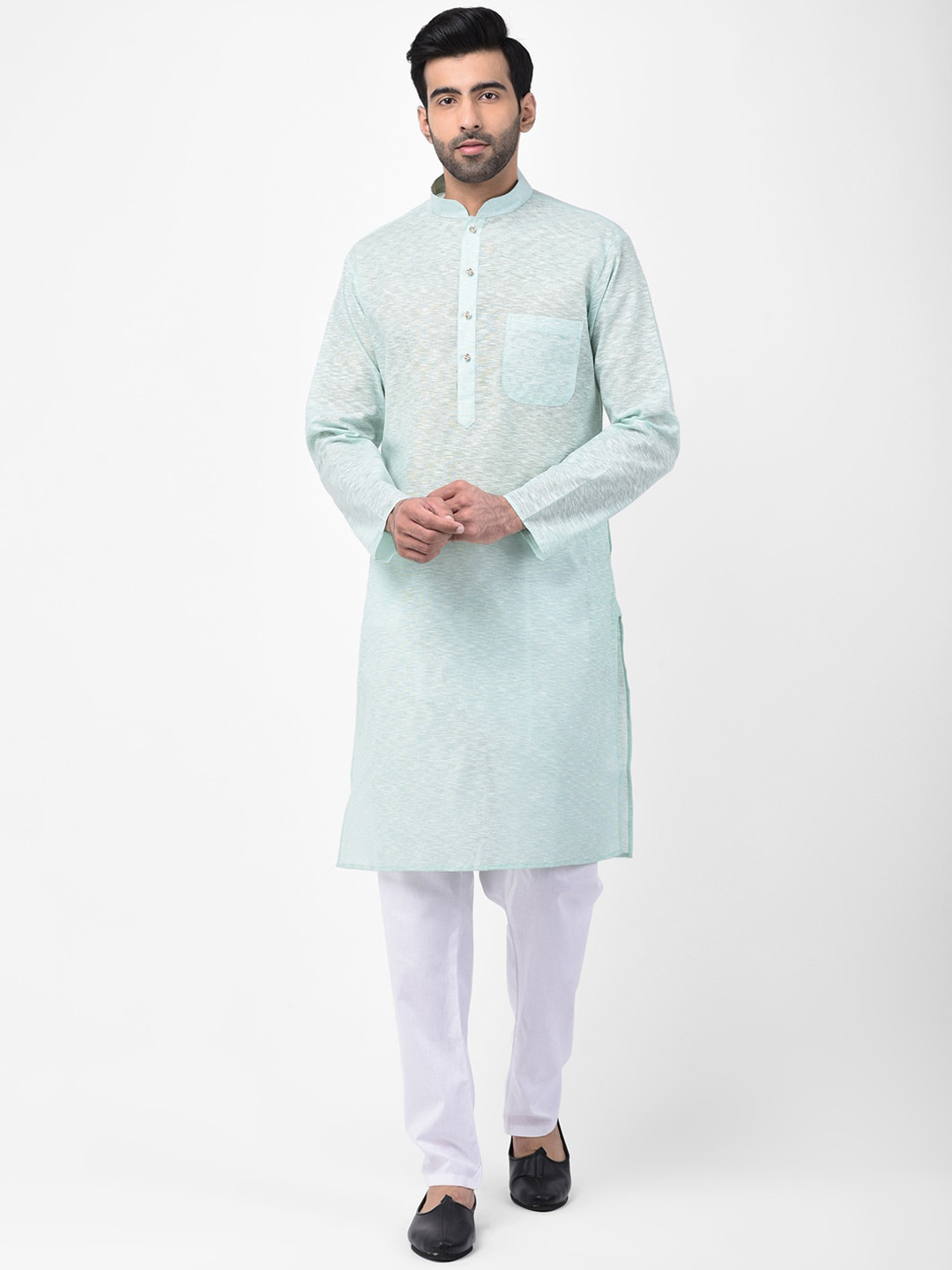 SG LEMAN Men Sea Green & White Solid Kurta with Pyjamas
