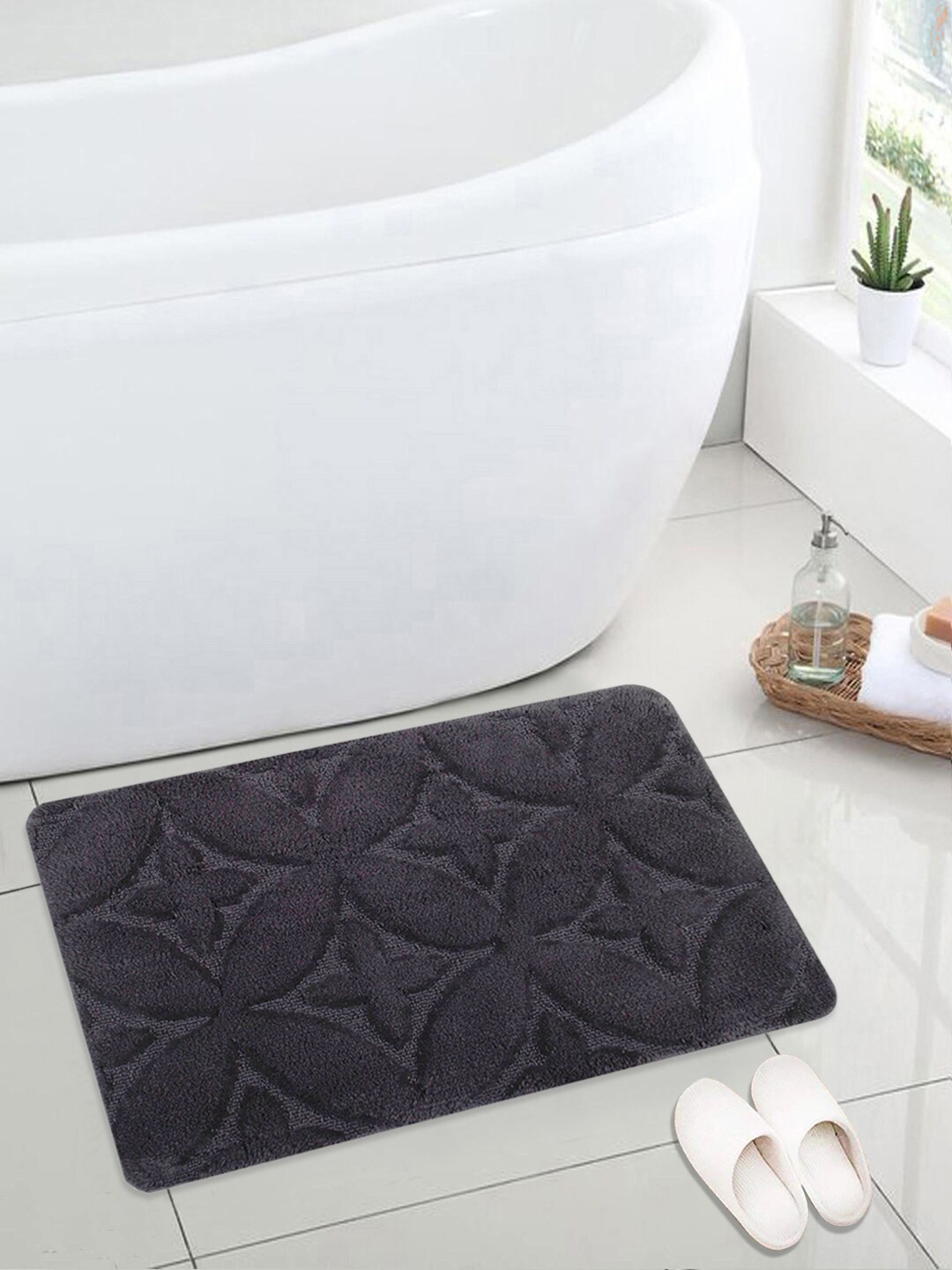 Saral Home Charcoal Grey Self-Design Anti-Skid Bath Rug