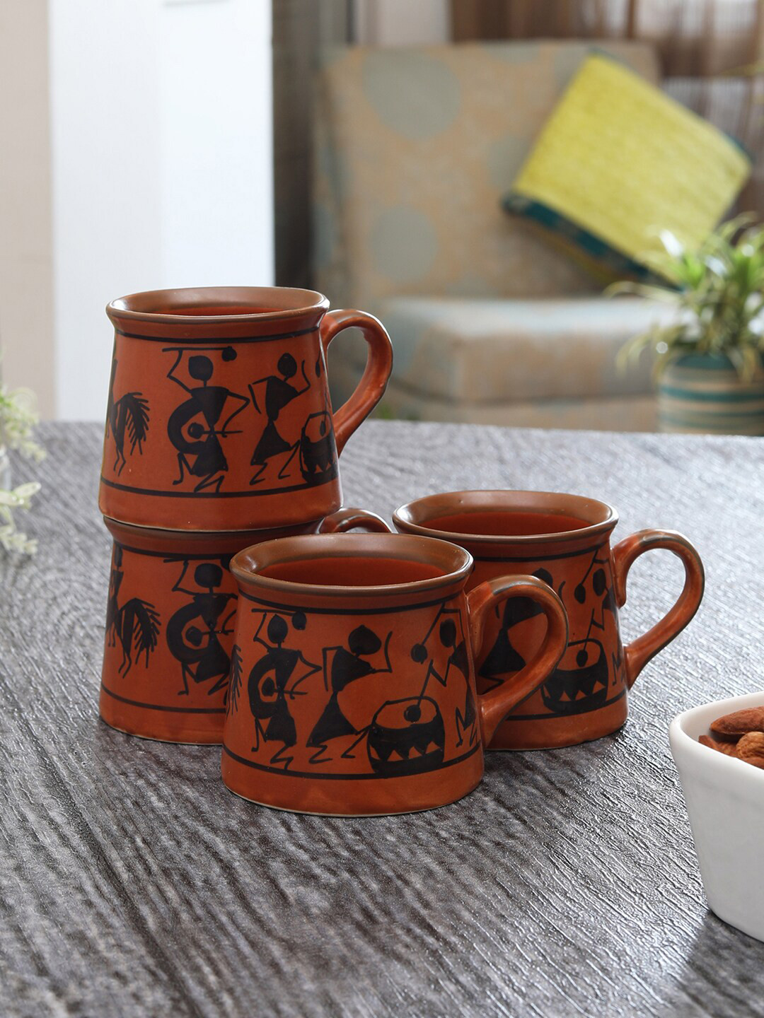 MIAH Decor Pride Maroon Ethnic Motifs Ceramic Hand-Painted 4 Piece Mugs-200ml