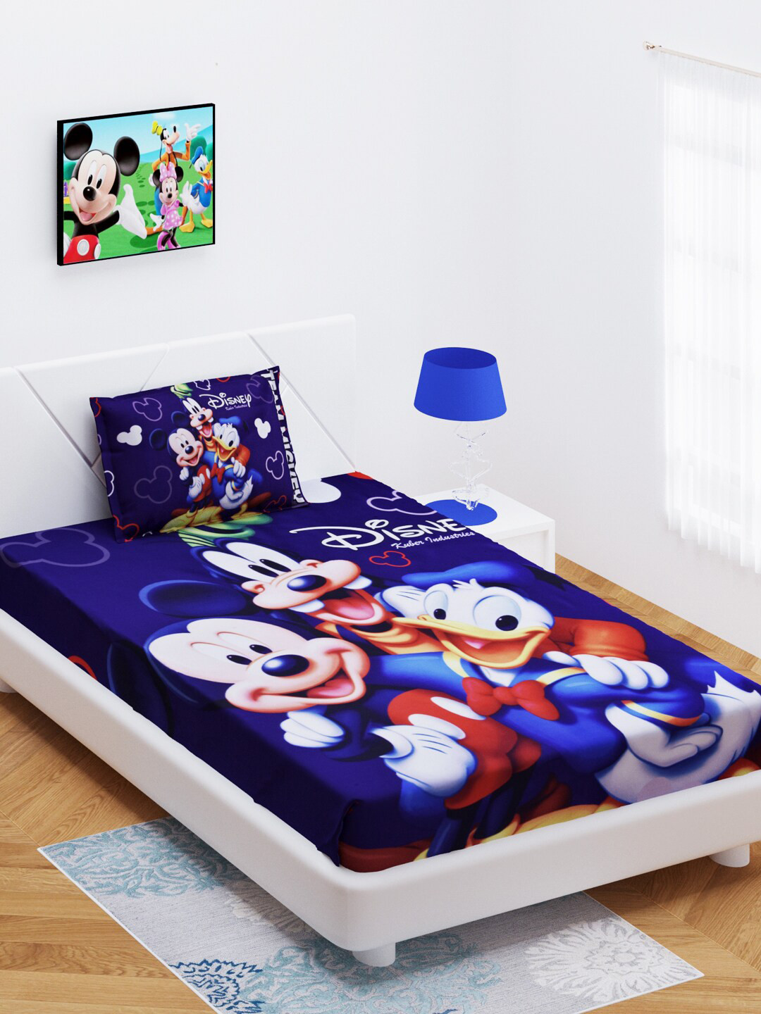 Kuber Industries Jaipuri Blue Cartoon Characters Polyester 144 TC Single Bedsheet with a Pillow Cover-220 x 150 cm