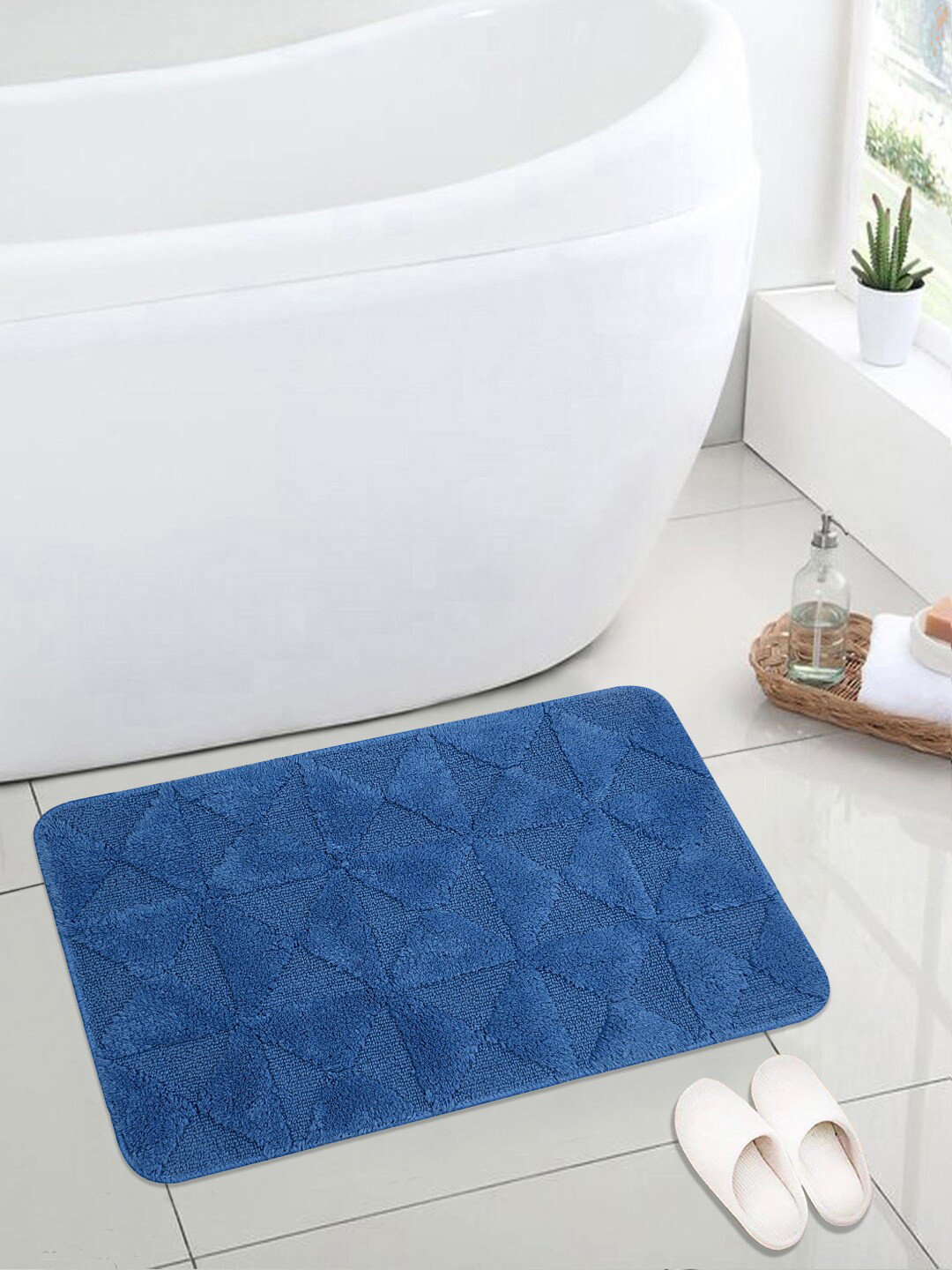 Saral Home Blue Modern Soft Cotton Textured Anti Slip 110 GSM Bath Rug
