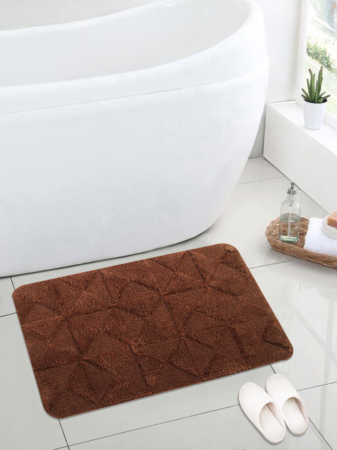 Saral Home Brown Modern Soft Cotton Textured Anti Slip 110 GSM Bath Rug