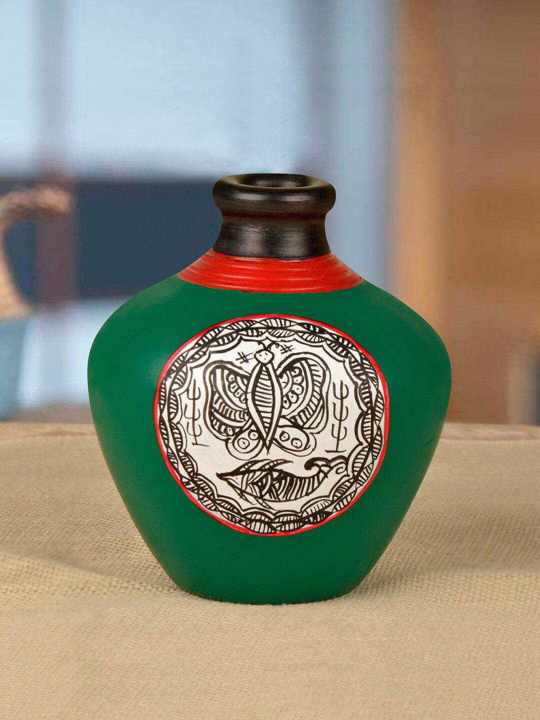 StyleMyWay Green & Orange Handpainted Terracotta Flower Vase