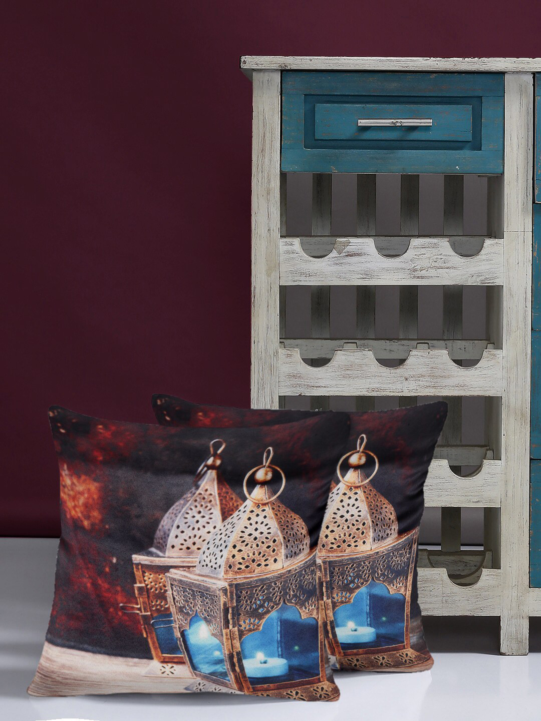 Alina decor Gold-Toned & Blue Set of 2 Abstract Square Cushion Covers