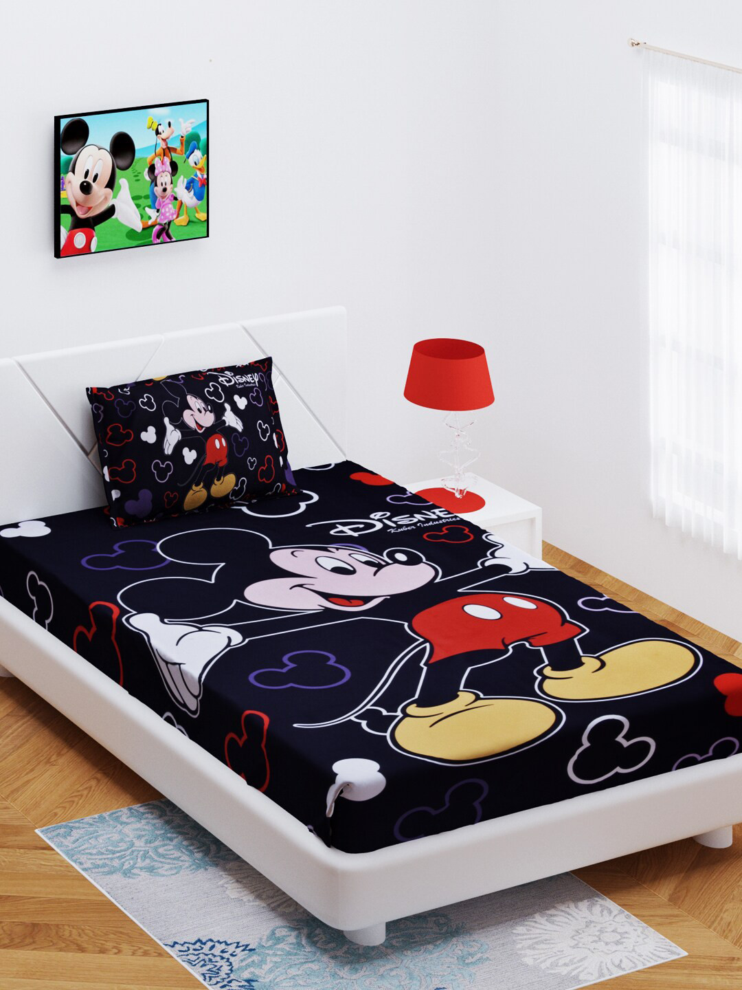Kuber Industries Disney Mickey Print Black Cartoon Characters Poly Satin 144 TC Single Bedsheet with a Pillow Cover-90 x 60 inches