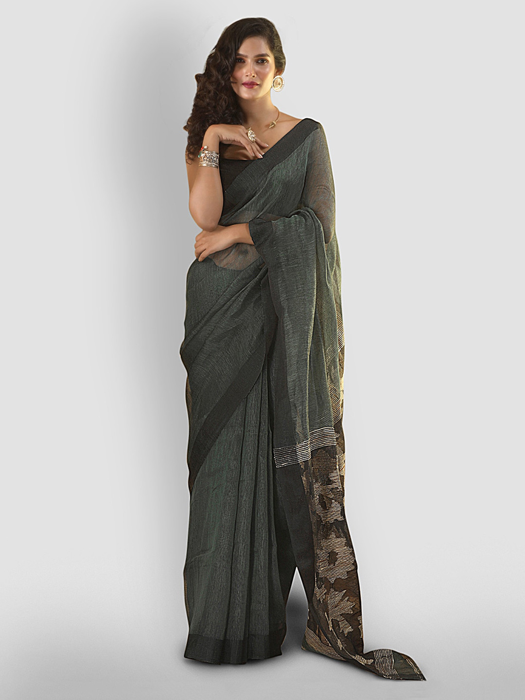 Aryavart Floral Pure Linen Saree With Blouse Piece