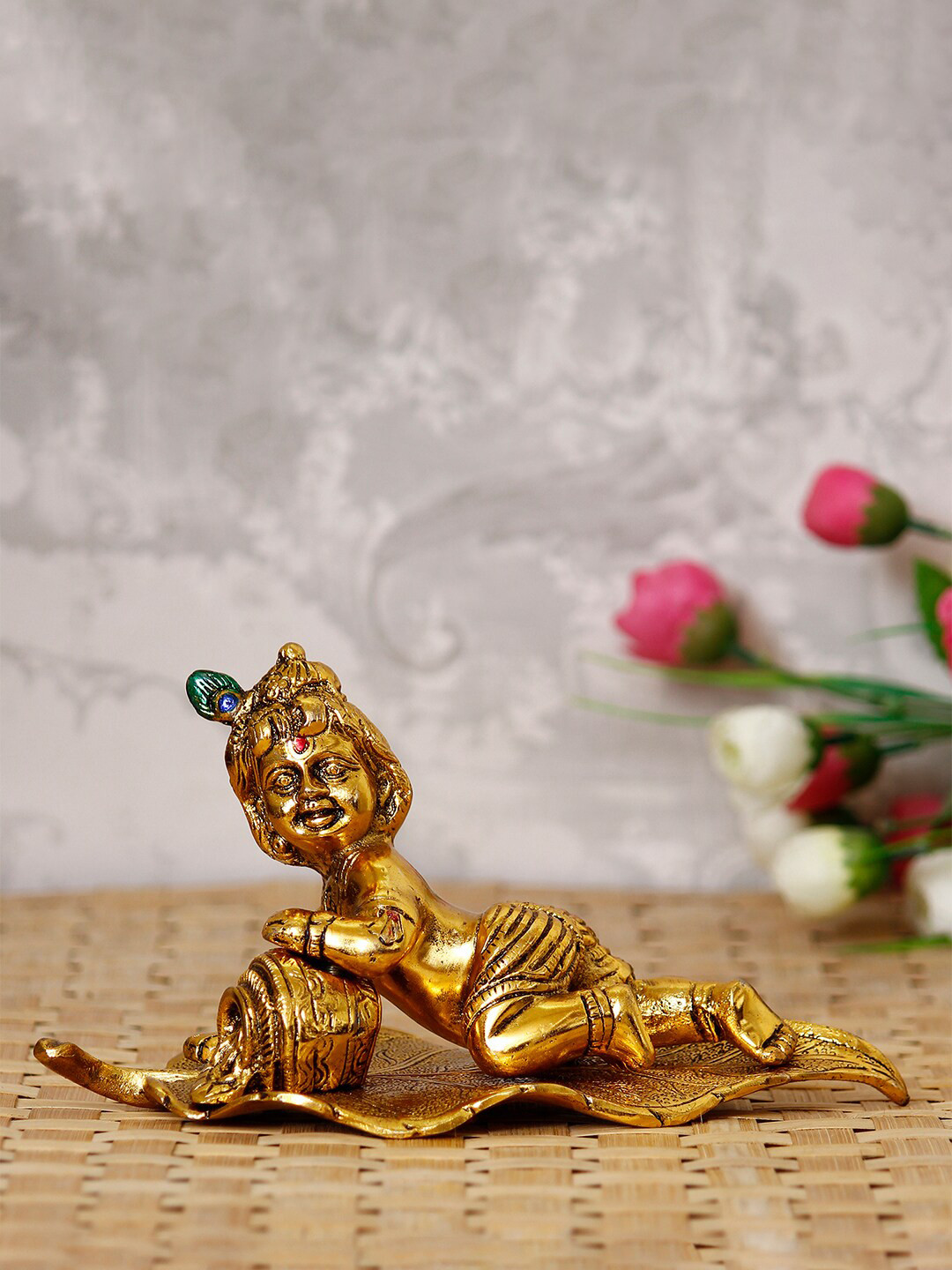 eCraftIndia Lord Krishna Gold Metal Metallic Prayer Room Small Showpiece - 4.3 Inches