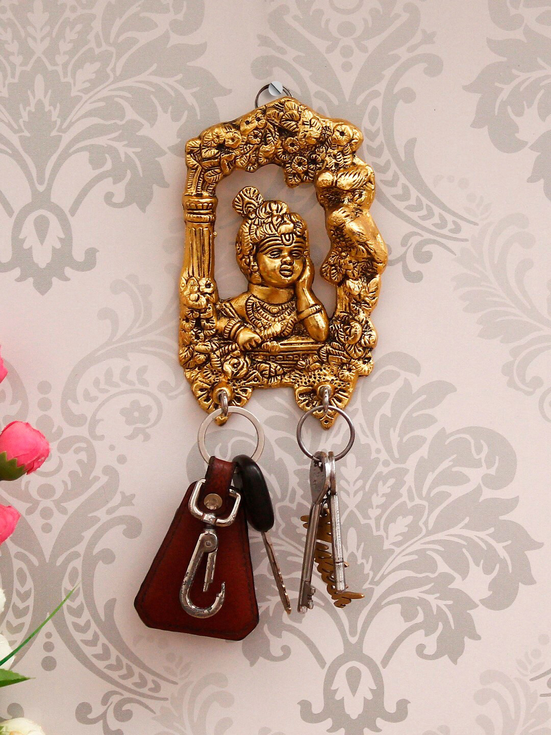 eCraftIndia Gold-Toned Handcrafted Lord Krishna Key Holder With 2 Hooks