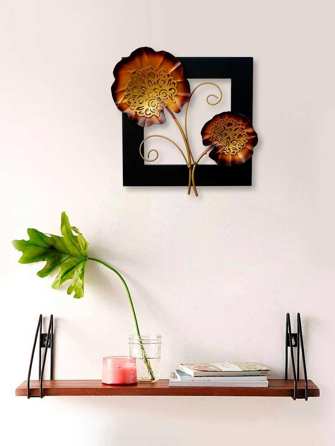 eCraftIndia Iron Leaves with Wooden Frame Metal Floral Antique Hall Wall Hangings-13.4In