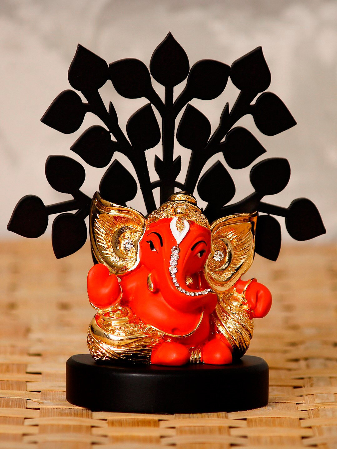 eCraftIndia Kaan Ganesha With Tree Orange Wood Glossy Prayer Room Small Showpiece - 5.1 Inches