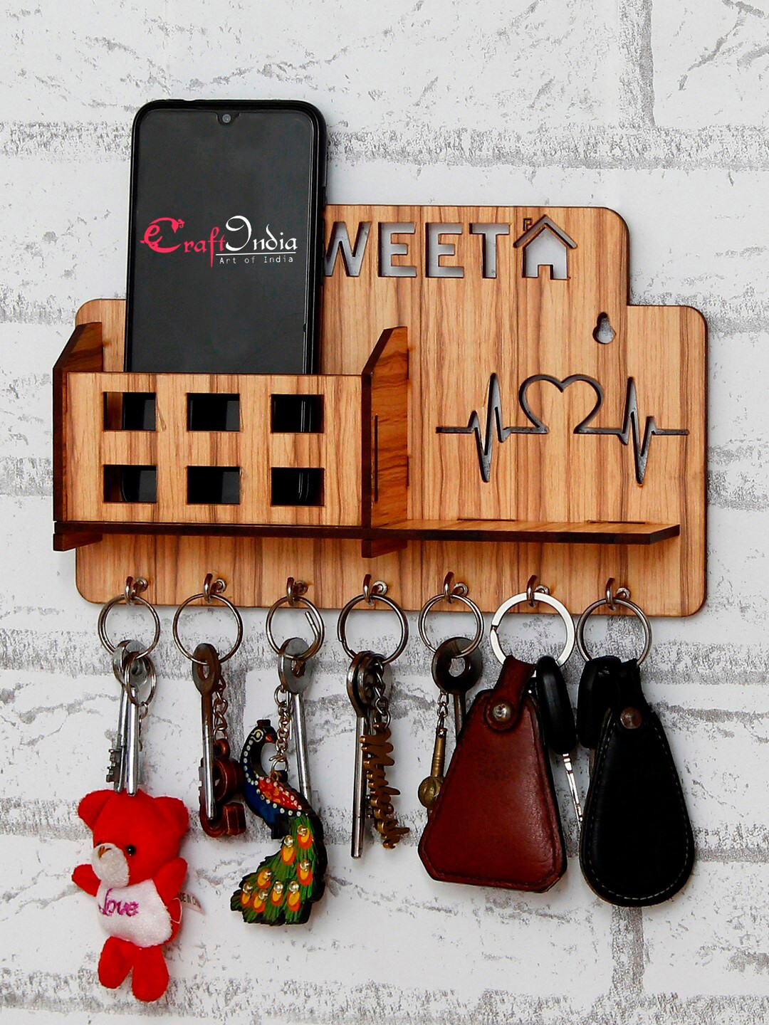 eCraftIndia Unisex Brown Sweet Home Handcrafted Multiutility 7 Hooks Wooden Mobile & Key Holder