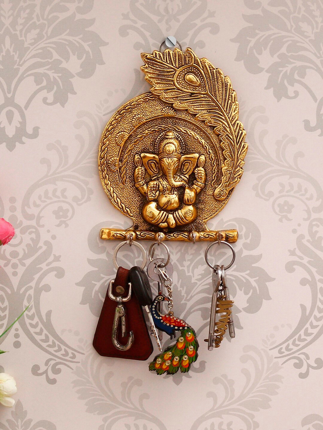 eCraftIndia Gold-Toned Lord Ganesha Mor Pankh 4 Hooks Key Holder