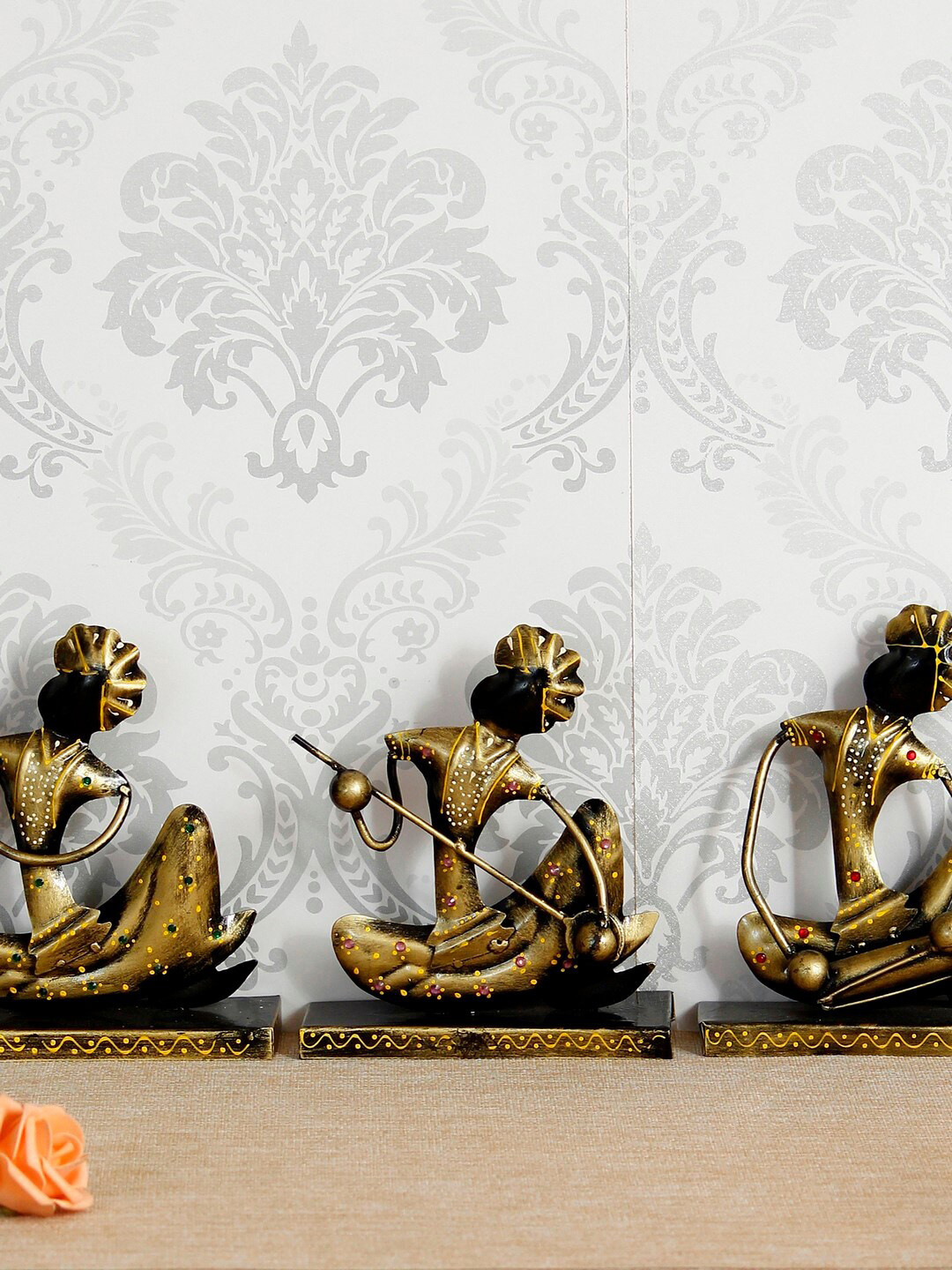 eCraftIndia Tribal Man Playing Different Musical instruments Gold Metal Metallic Living Room Music Set of 3 Small Showpieces - 7.5 Inches