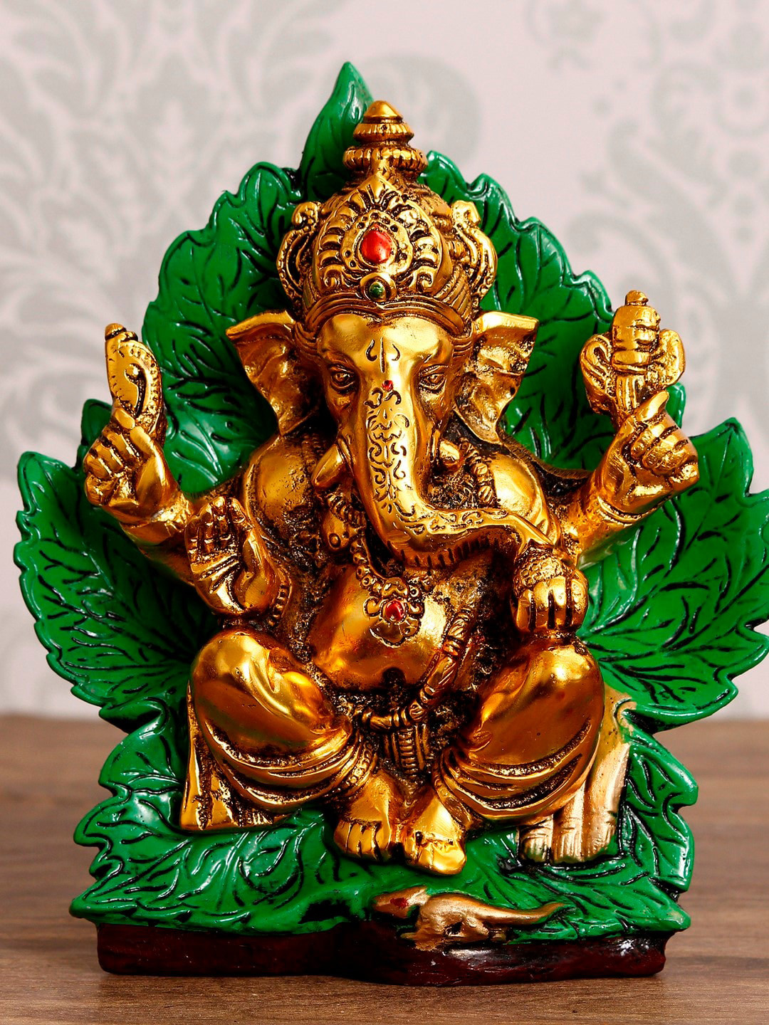 eCraftIndia Sitting Lord Ganesha on Throne Green Metal Metallic Prayer Room Medium Showpiece - 7.5 Inches