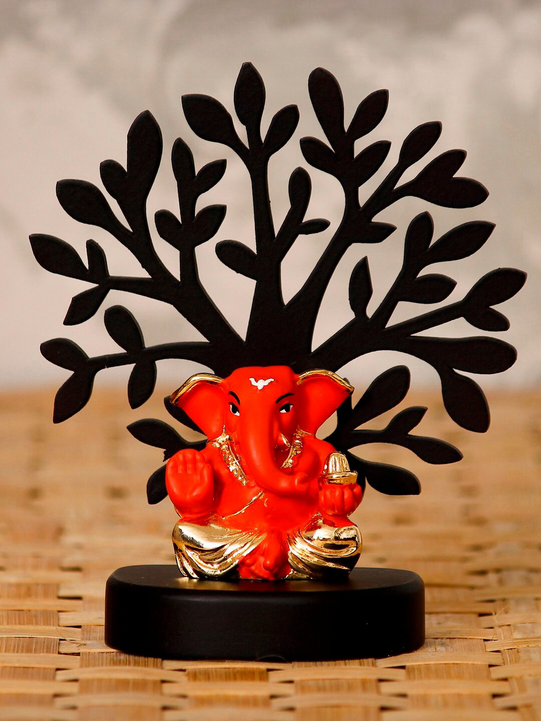 eCraftIndia Appu Ganesha with Tree Orange Wood Natural Prayer Room Small Showpiece - 5.1 Inches