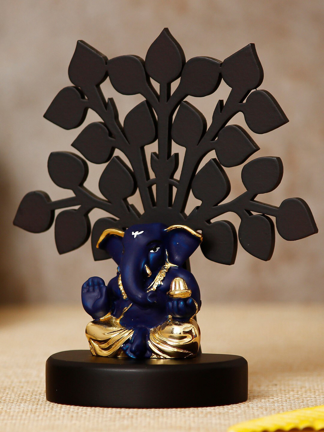 eCraftIndia Ganesha with Tree Black Wood Natural Prayer Room Small Showpiece - 5.1 Inches