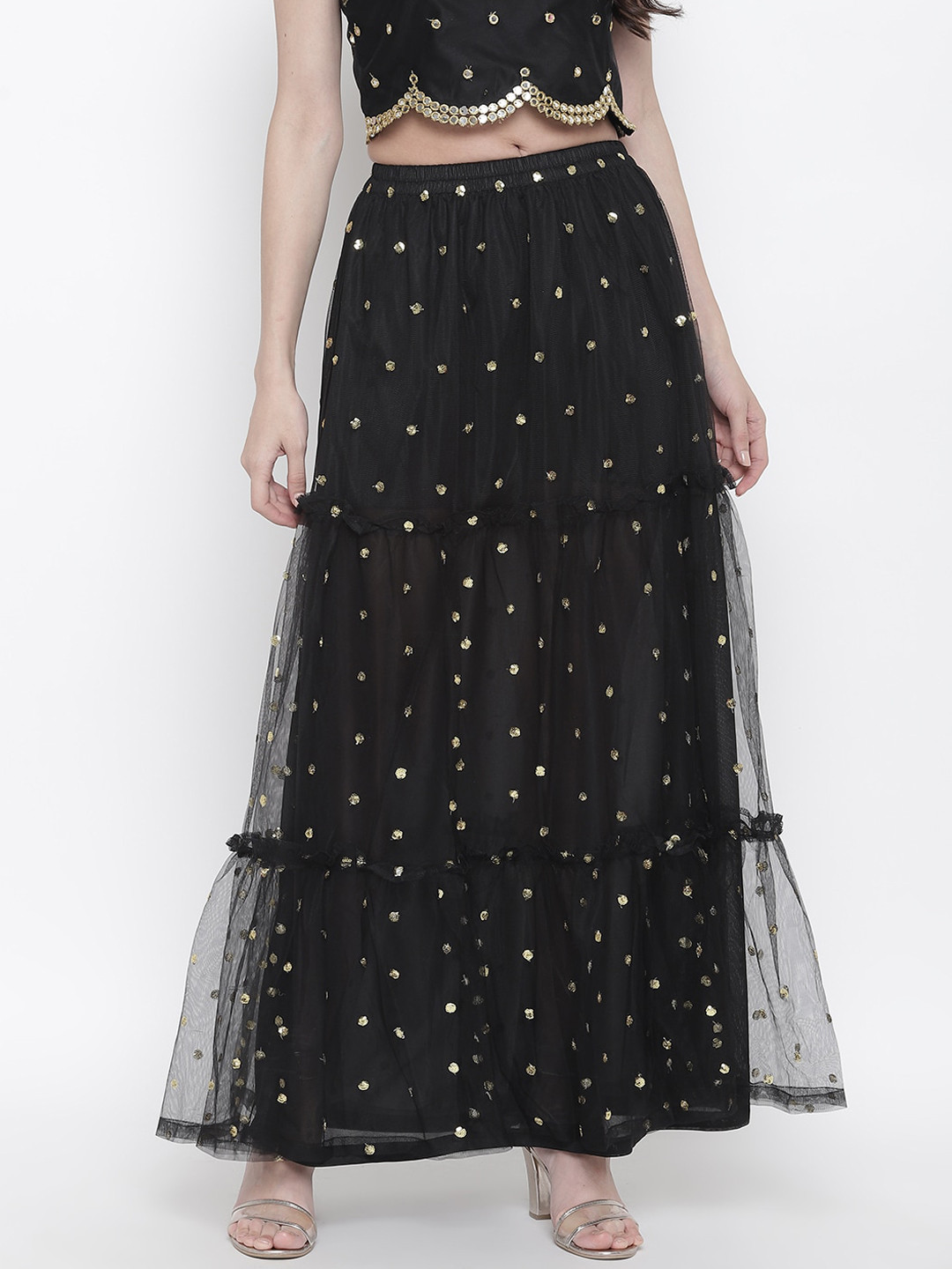 AKIMIA Black Embellished Sequinned Flared Tiered Maxi Skirt
