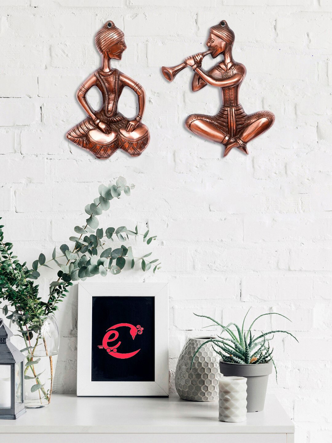 eCraftIndia Musicians Metal Ethnic Motifs Glossy Hanging Hall 2Pcs Wall Hangings-8.1In