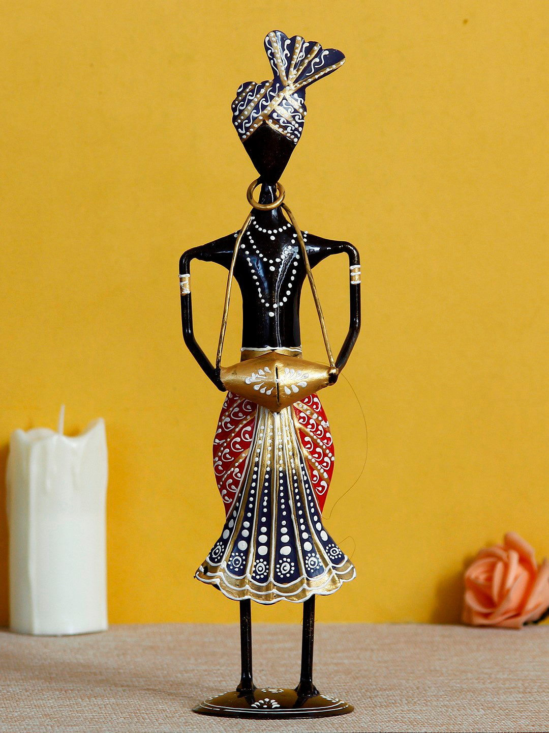 eCraftIndia Tribal Man Playing Musical instrument Banjo Orange Metal Metallic Living Room Music Medium Showpiece - 12.6 Inches