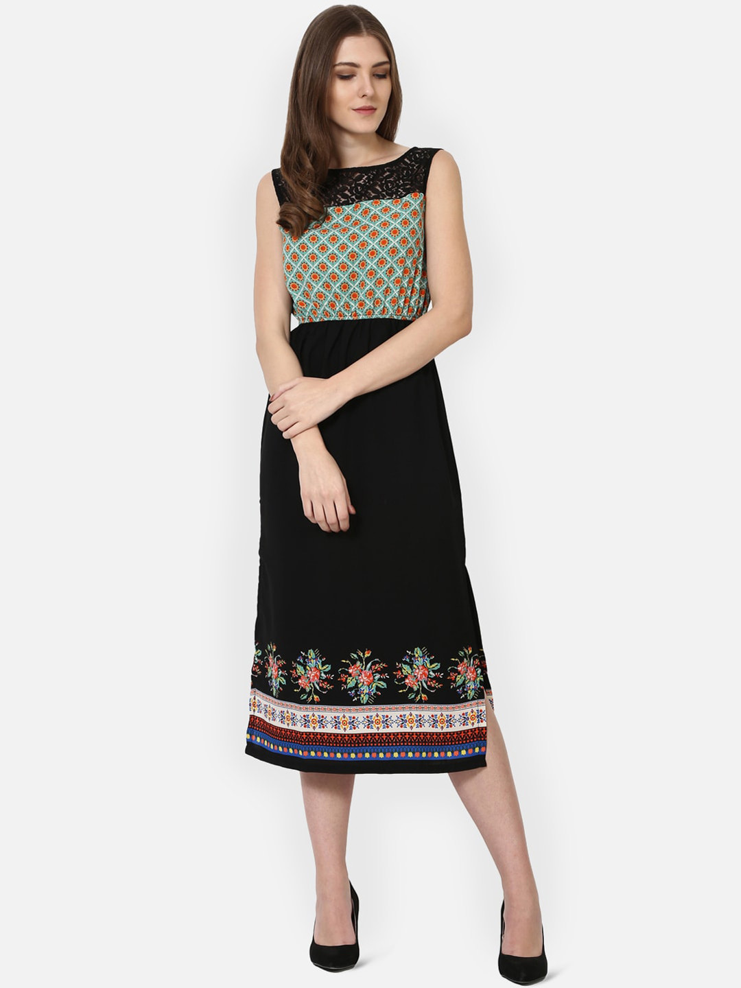 AKIMIA Women Black Printed A-Line Dress