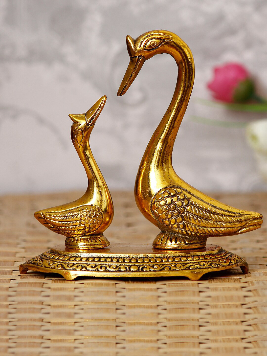 eCraftIndia Swan Couple Gold Metal Metallic Living Room Medium Showpiece - 5.9 Inches