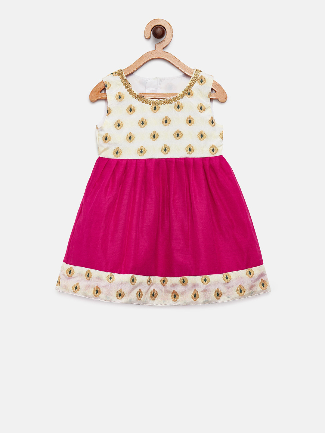 MANY FROCKS & Girls Pink & White Self Design Fit and Flare Dress