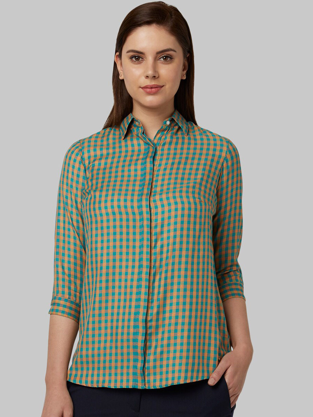 Park Avenue Woman Green & Yellow Regular Fit Checked Formal Shirt