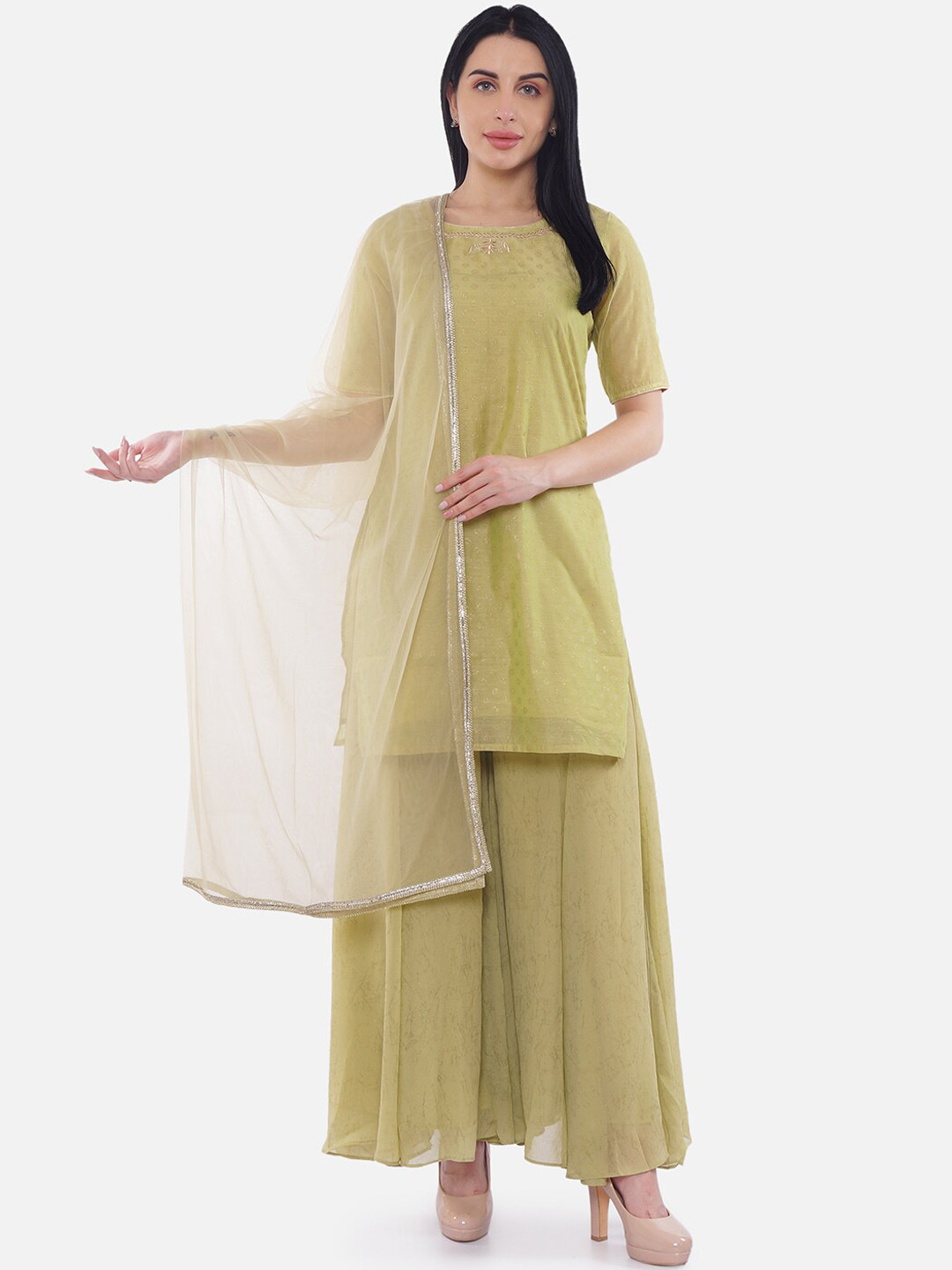 Be Indi Women Green Printed Kurta with Sharara & Dupatta
