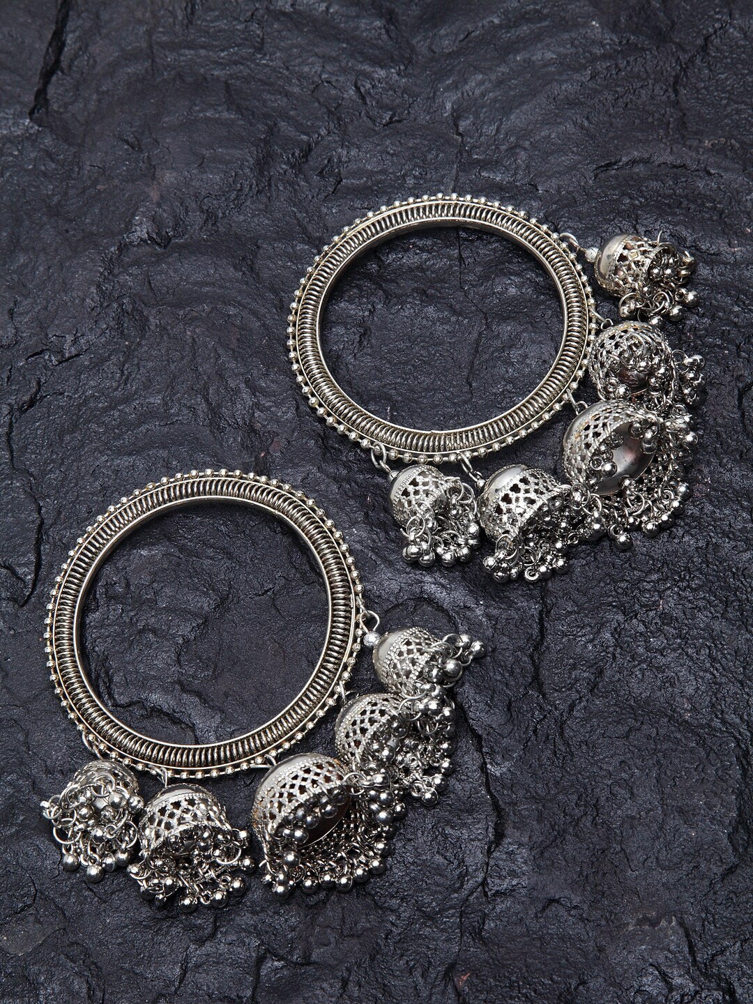 PANASH Set of 2 Oxidised Silver-Plated Traditional Dangler Bangles