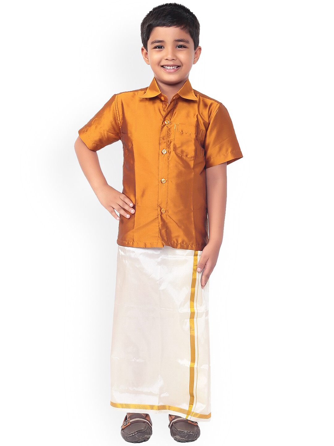 Thangamagan Boys Mustard Yellow Solid Shirt with Off-White Veshti