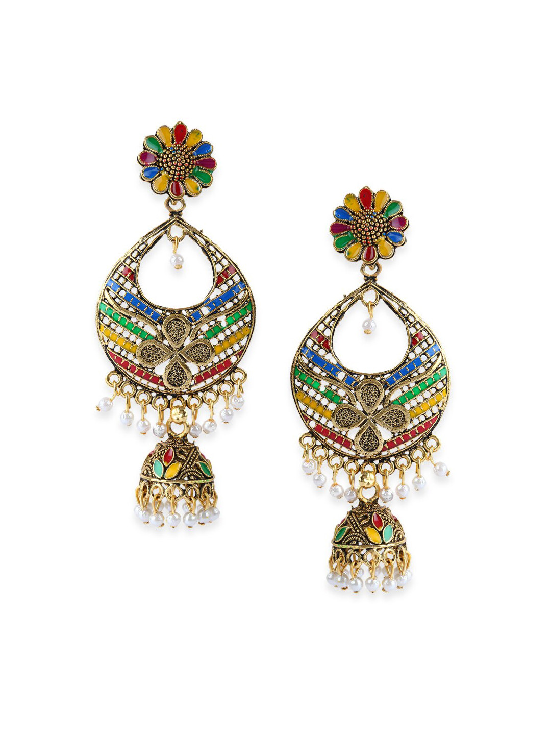 ANIKAS CREATION Gold-Plated & Green Handcrafted Teardrop Shaped Jhumkas