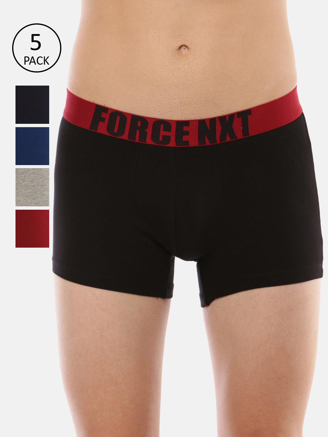 Force NXT Pack Of 5 Men Super Combed Cotton Four Way Stretch Solid Trunk