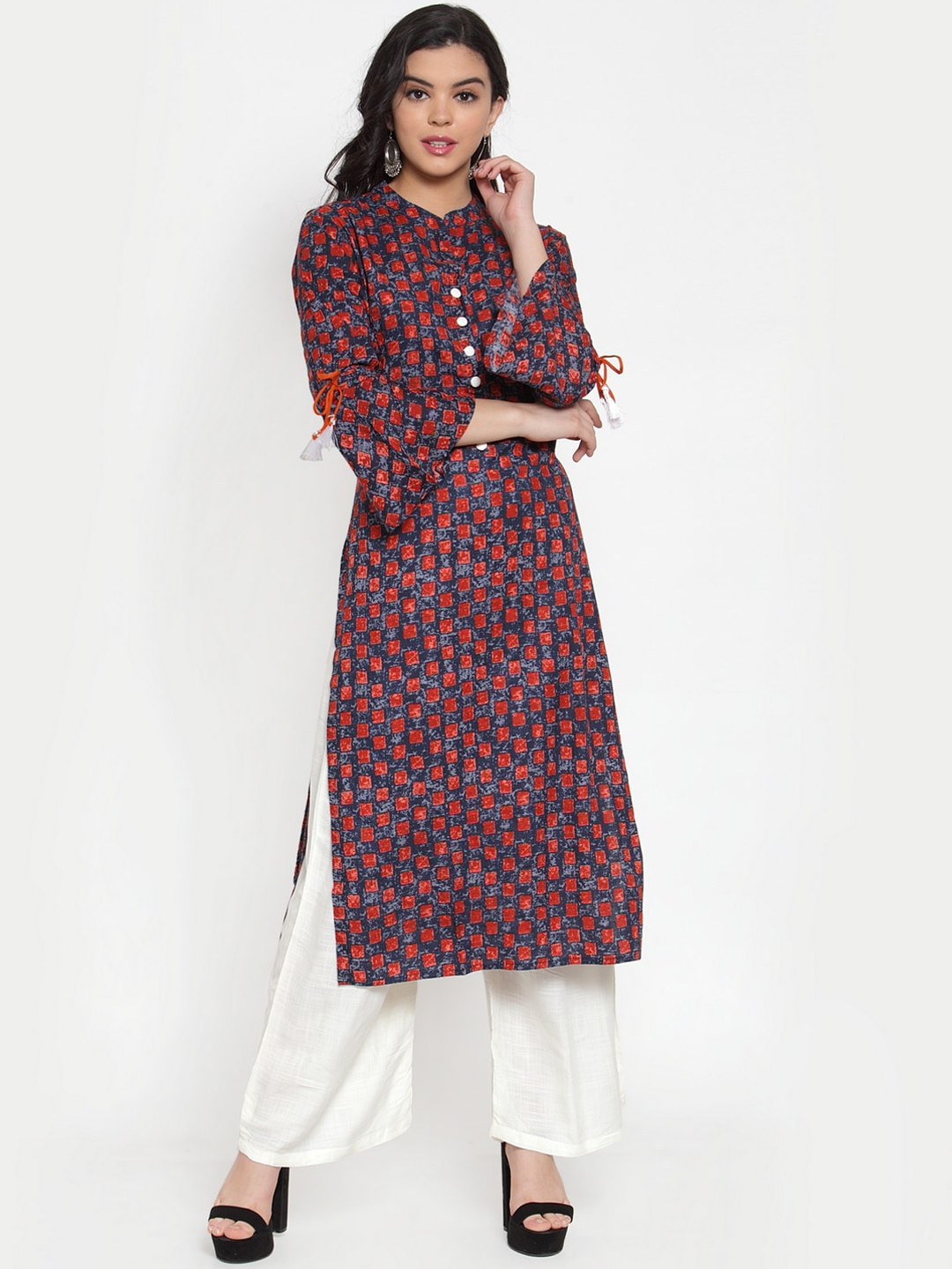 SOUNDARYA Women Navy Blue & White Printed Kurta with Palazzos