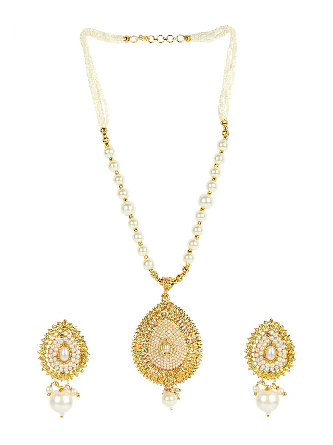 ANIKAS CREATION Gold-Plated Off-White Stone-Studded & Pearl Beaded Jewellery Set