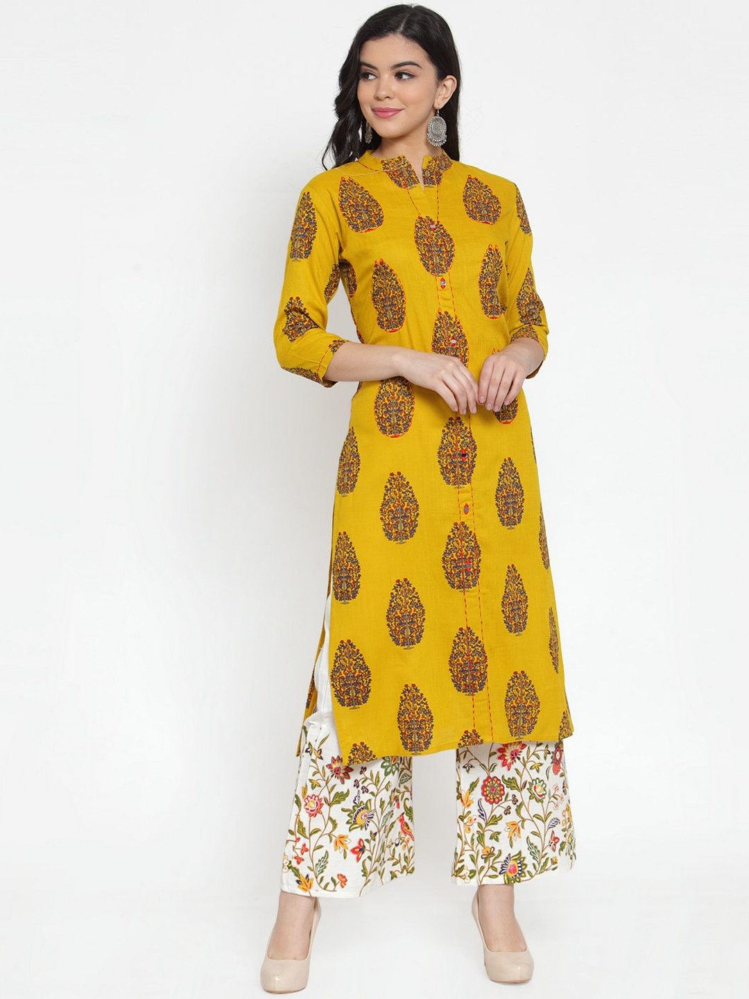 SOUNDARYA Women Mustard & White Printed Kurta with Trousers