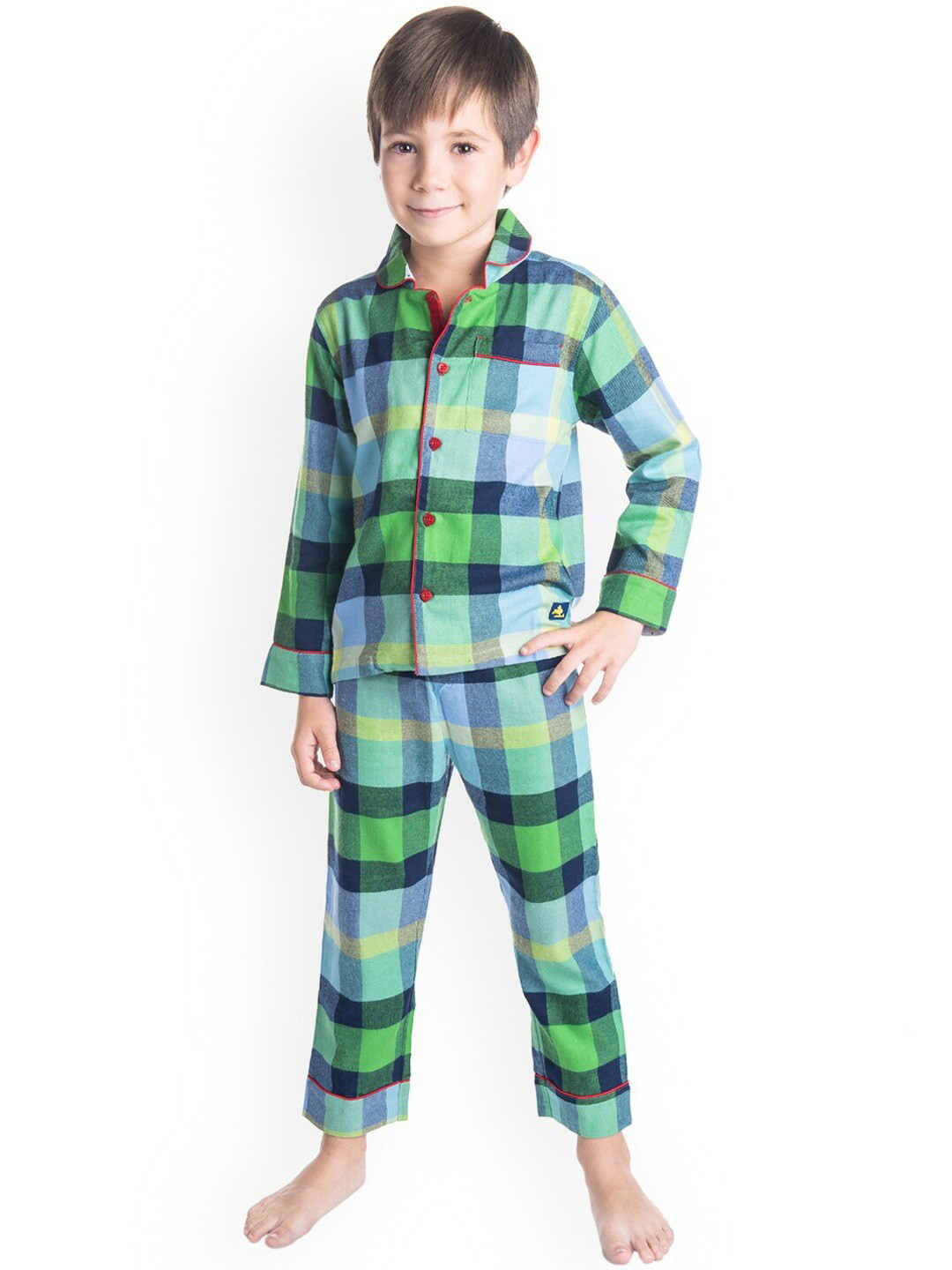 Cherry Crumble Boys Green Checked Dim Pj Set Nightsuit