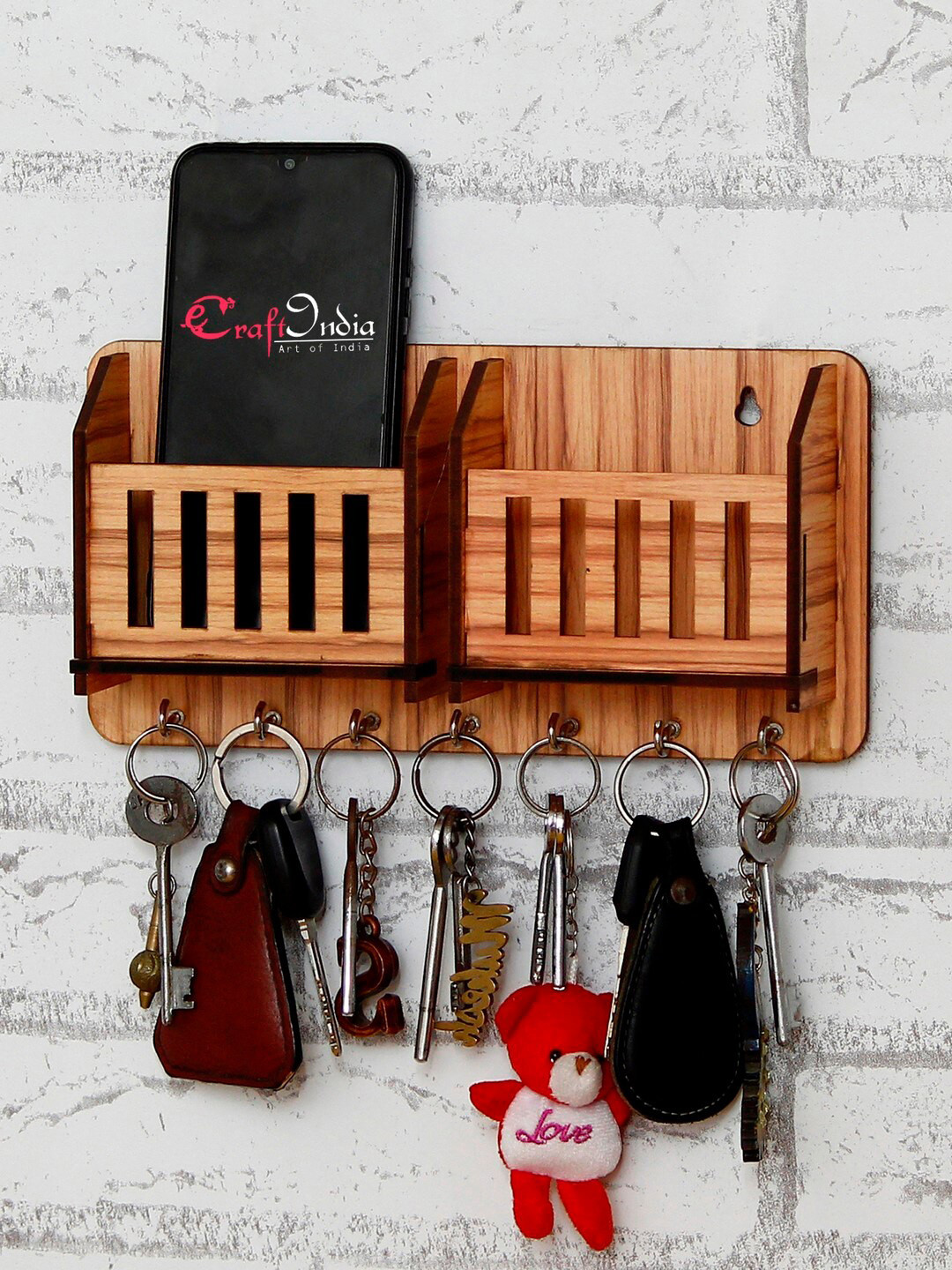 eCraftIndia Brown Multiutility 7 Hooks Wooden Mobile Holder & Key Holder
