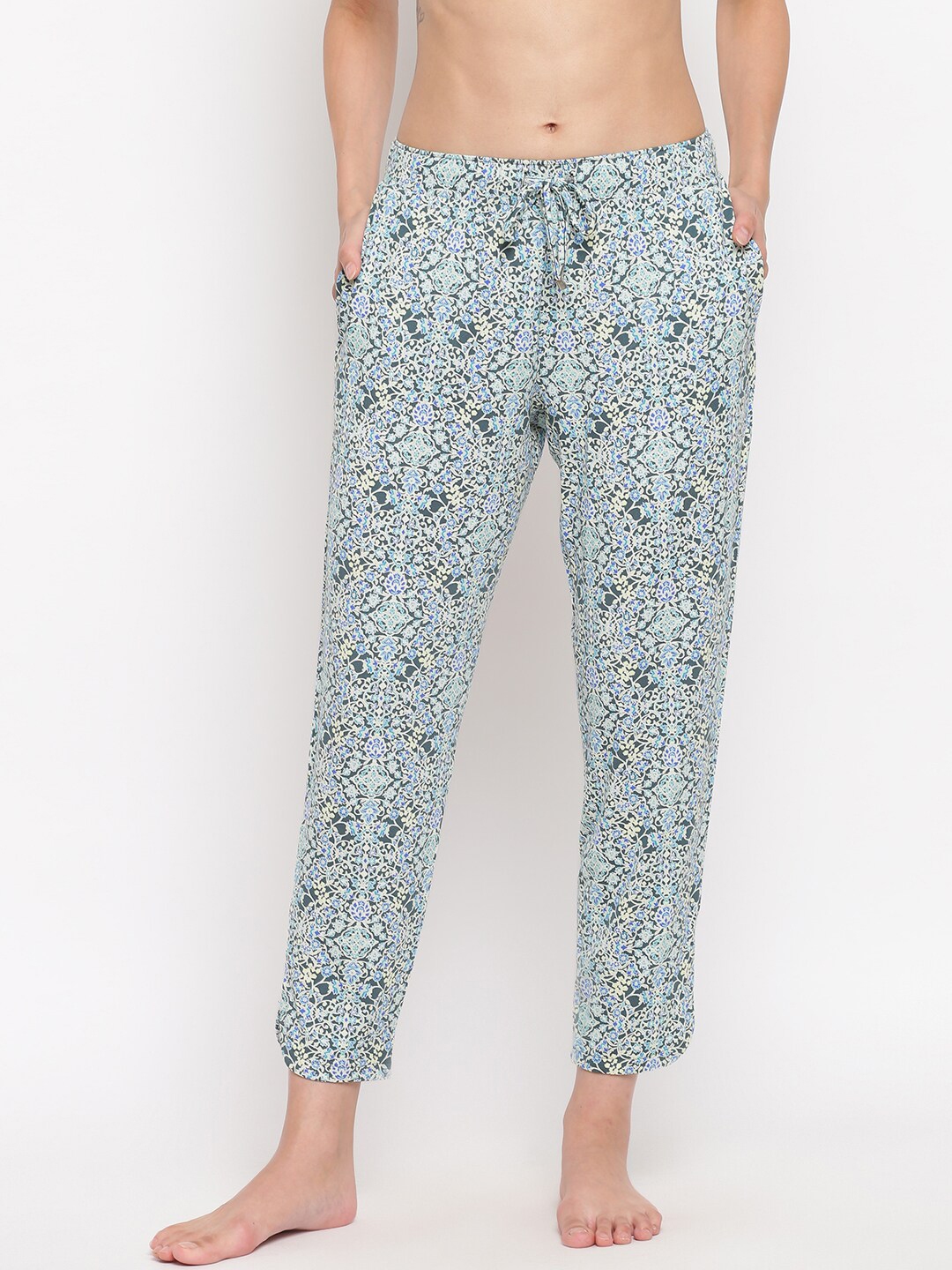Buy Enamor Women Blue White Printed Relaxed Fit Shop in Pyjama Lounge Pants Lounge Pants for Women 12859560 Myntra