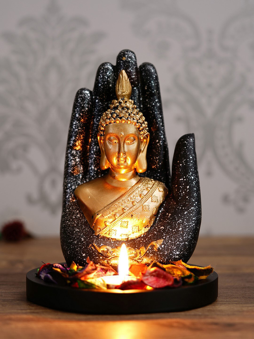 eCraftIndia Palm Buddha Black Wood Metallic Living Room Hand-Crafted Small Showpiece - 7.5 Inches
