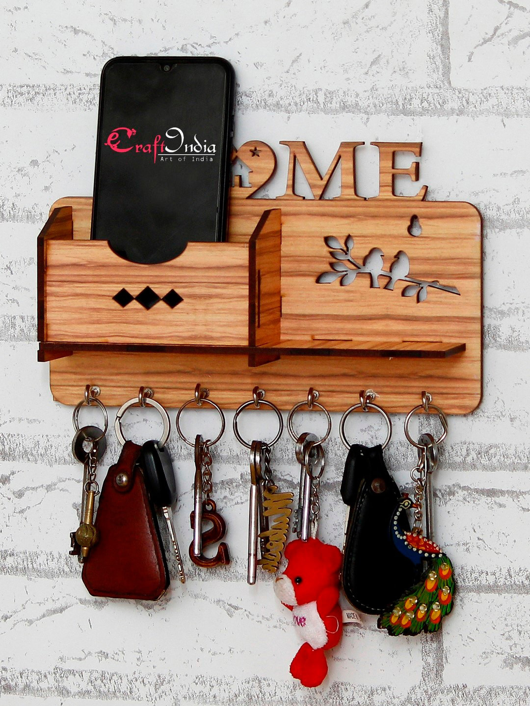 eCraftIndia Unisex Brown Handcrafted Home Theme Multiutility Wooden 7 Hooks Key Holder