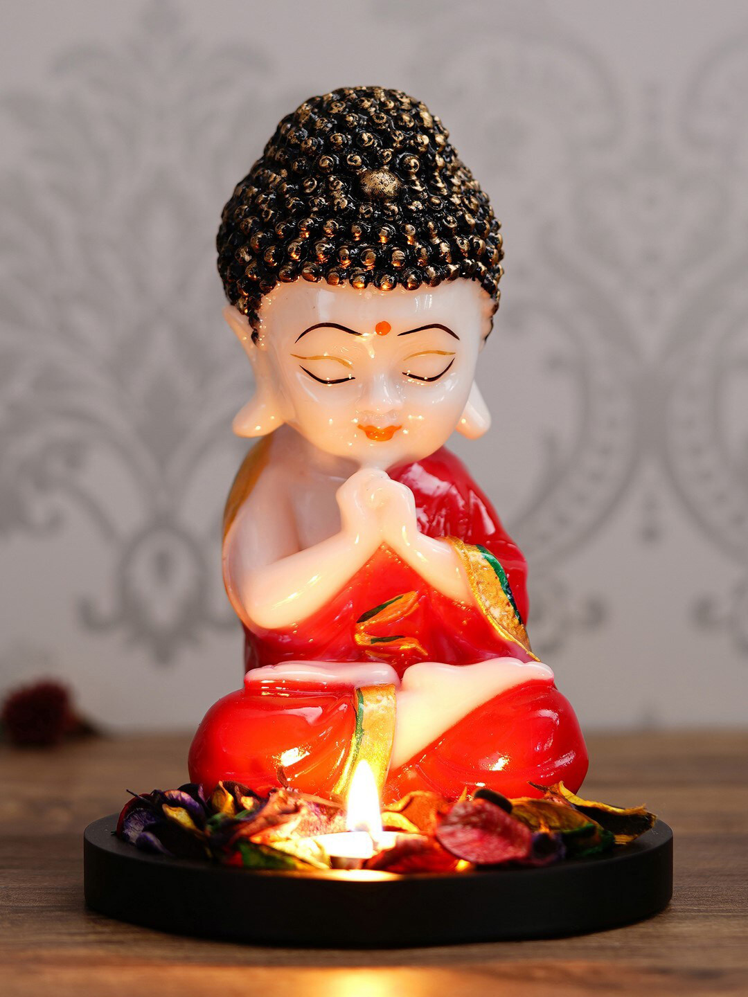 eCraftIndia Praying Monk Buddha Red Wood Natural Living Room Medium Showpiece - 8.3 Inches