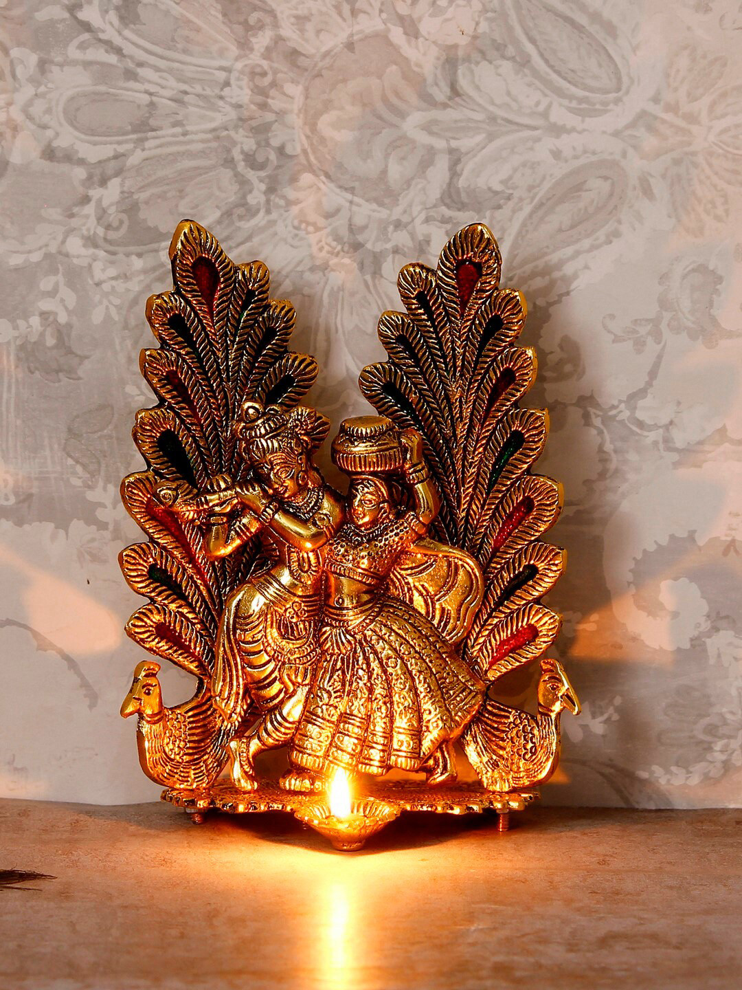 eCraftIndia Radha Krishna Gold Metal Metallic Prayer Room Small Showpiece - 7.9 Inches