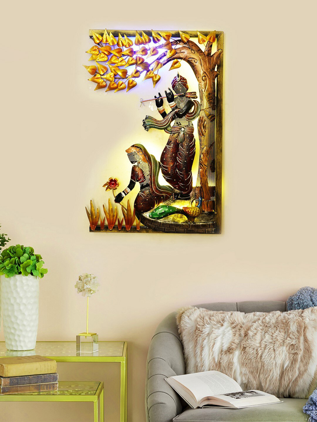 eCraftIndia Lord Krishna Playing Flute Under Tree with Radha Ji Metal Spiritual Wall Decor-30.3In