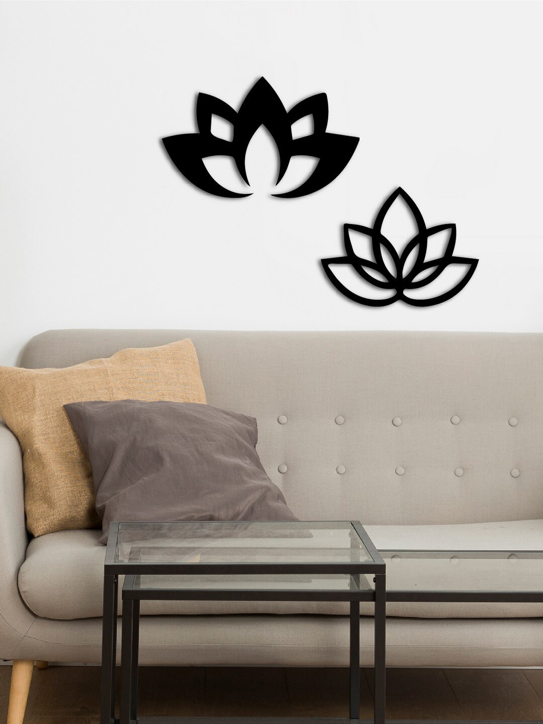 eCraftIndia 2 Lotus Wood Floral Matte Hanging Hall 2Pcs Signs and Plaques-8In