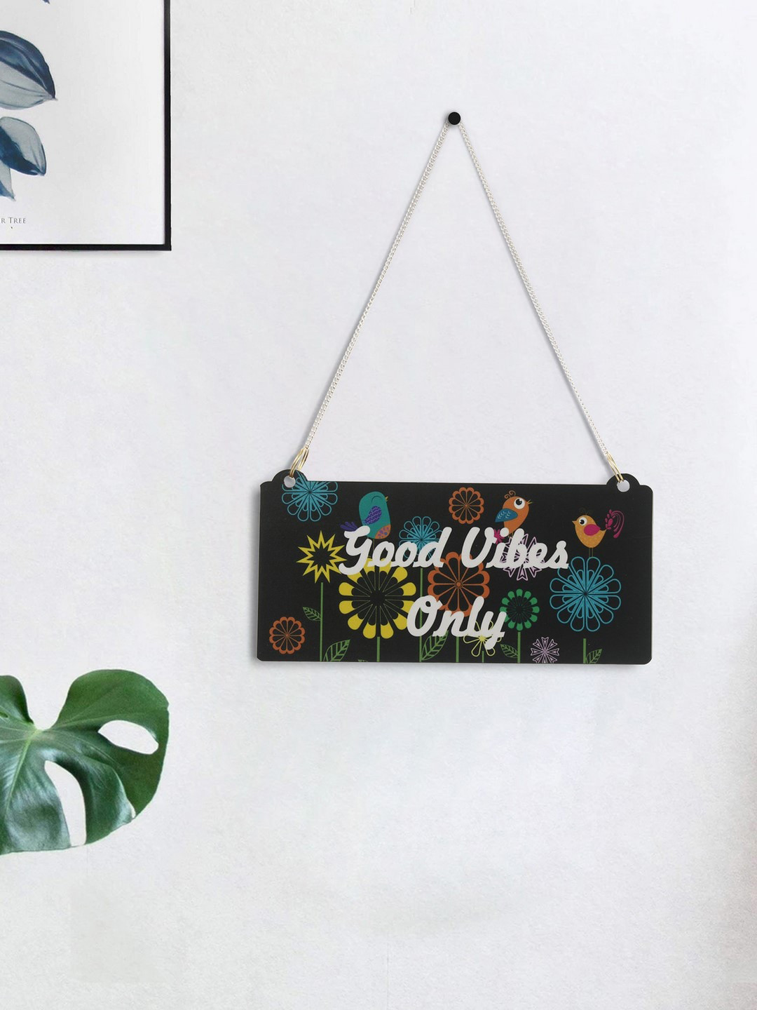 eCraftIndia Good Vibes Only Wood Floral Matte Hanging Hall Wall Hangings-5.1In