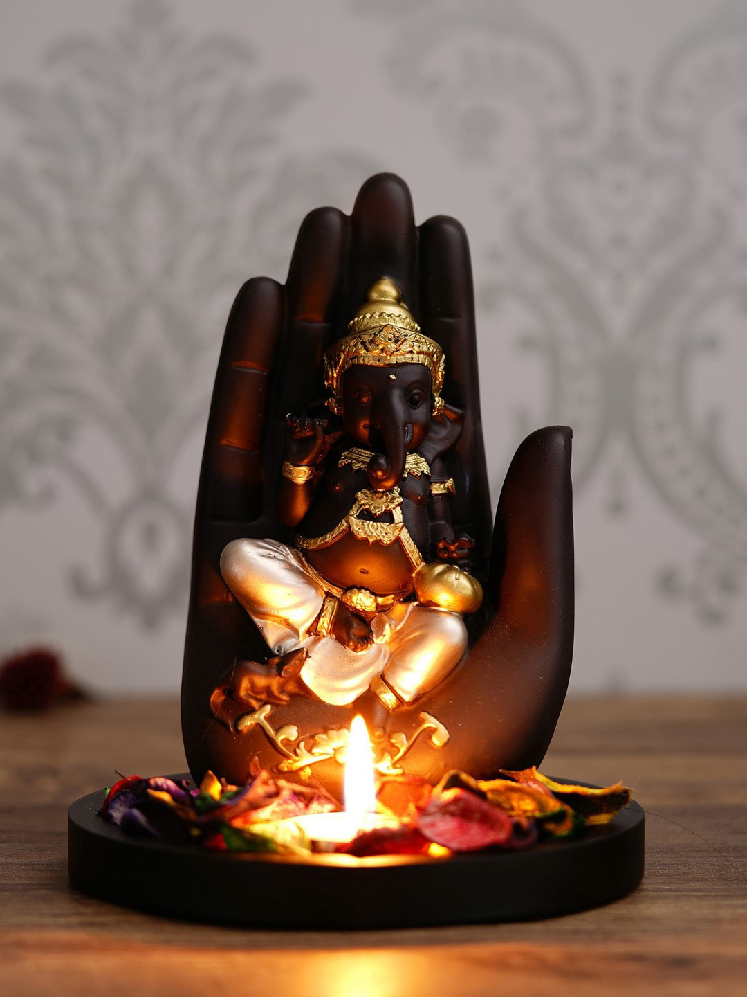 eCraftIndia Palm Ganesha Black Wood Metallic Living Room Hand-Crafted Small Showpiece - 7.1 Inches