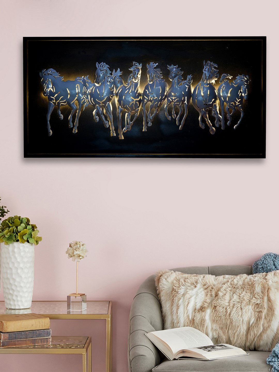 eCraftIndia Silver 7 Running Horses Wall Hanging with LED
