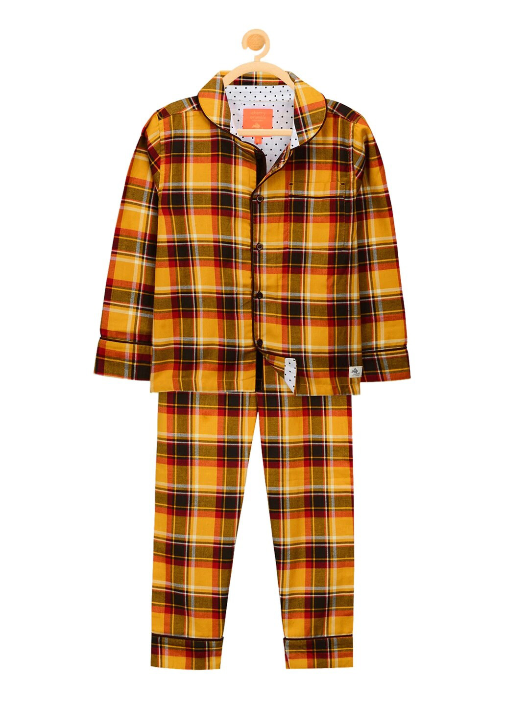 Cherry Crumble Unisex Kids Mustard Yellow & Black Checked Night Suit